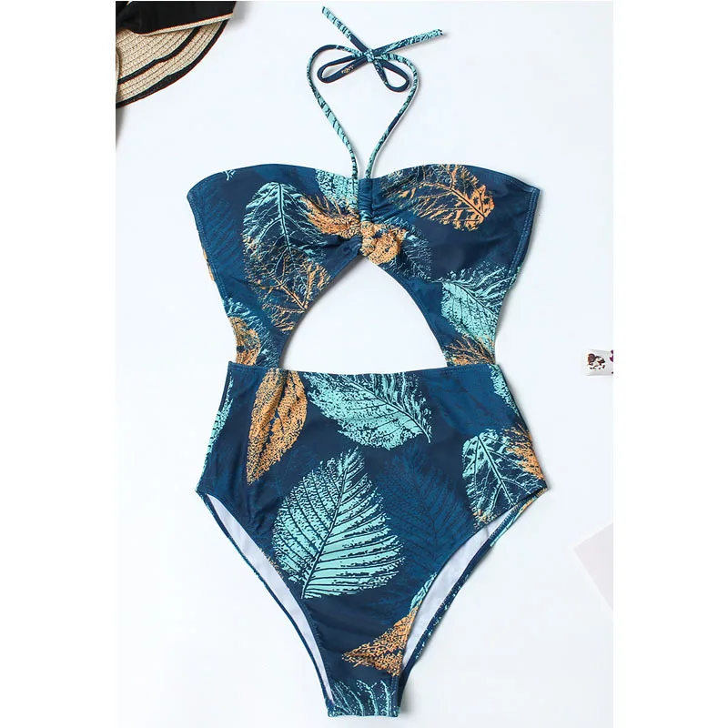 

2019 Cut Out Monokini High Waist Bathing Suit Bandeau Swimwear Women One Piece Swimsuit Tropical Print Swim Wear Trikini Maillot