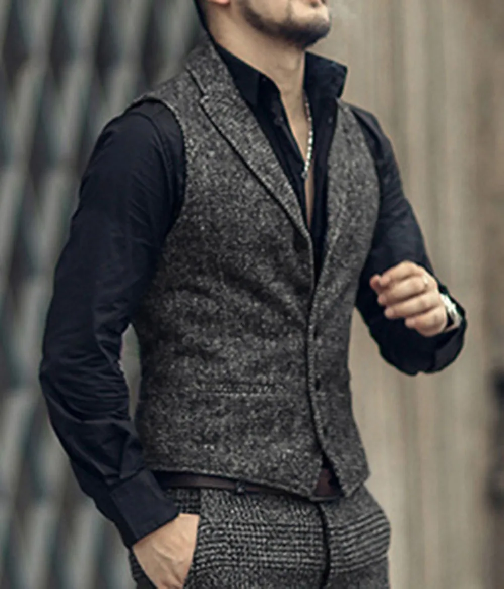 Mens Suit Vest Lapel V Neck Wool Herringbone Casual Formal Business Vest Waistcoat Groomman For Wedding Green/Black/Brown