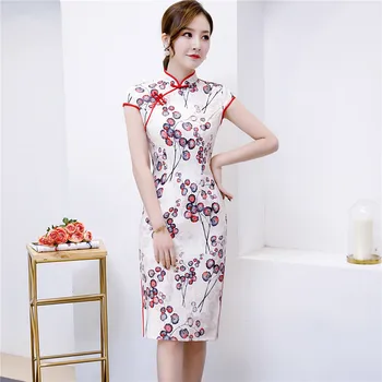 

White Flower Cheongsam Chinese Dress Women Rayon Vintage Button Mandarin Collar Qipao Sexy Tight Classic Oversize 3XL Vestidos