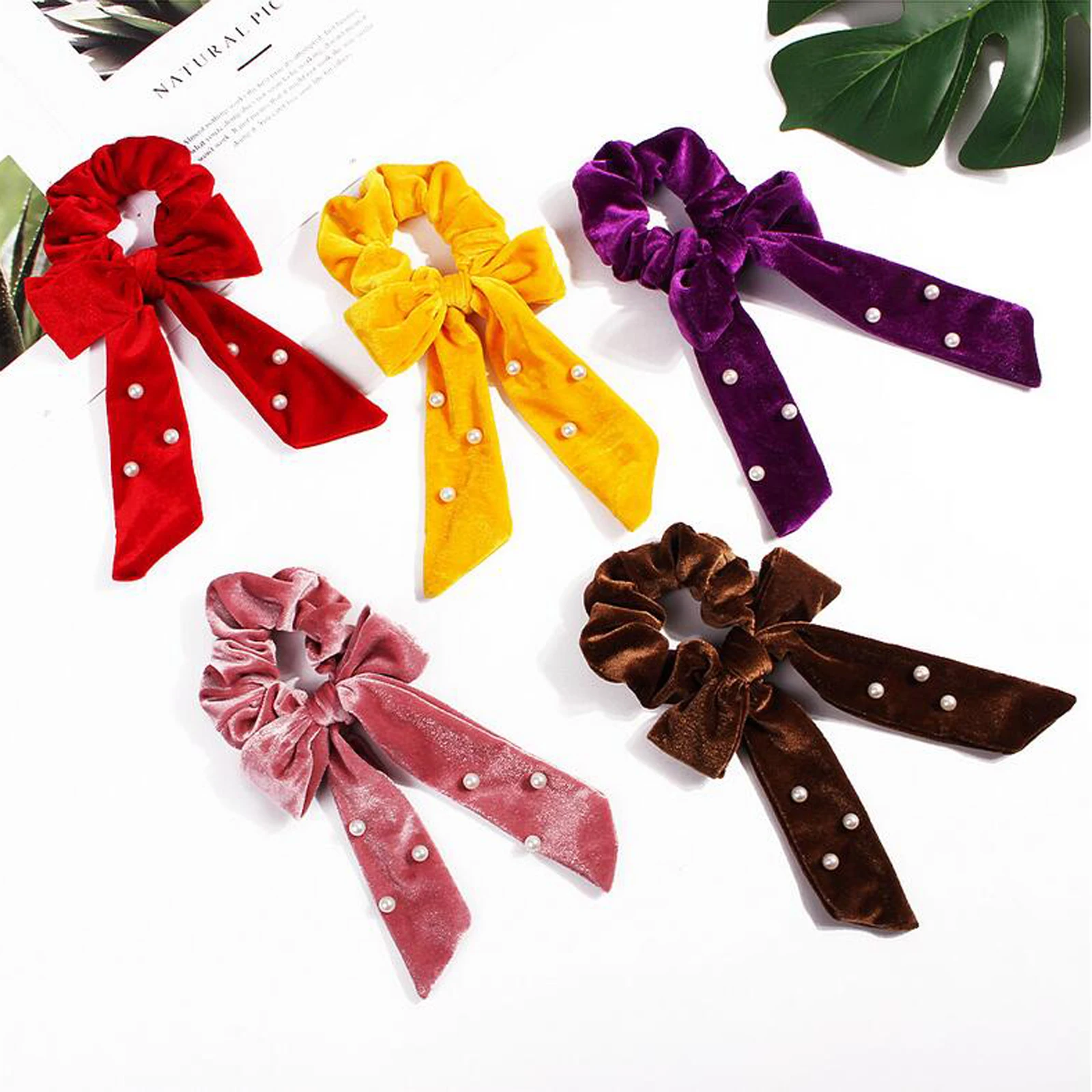 Модные бархатные веревки для волос для девочек, шарф с хвостом, Soild Ribbon Scrunchies, новые галстуки с хвостом, аксессуары для волос из жемчуга
