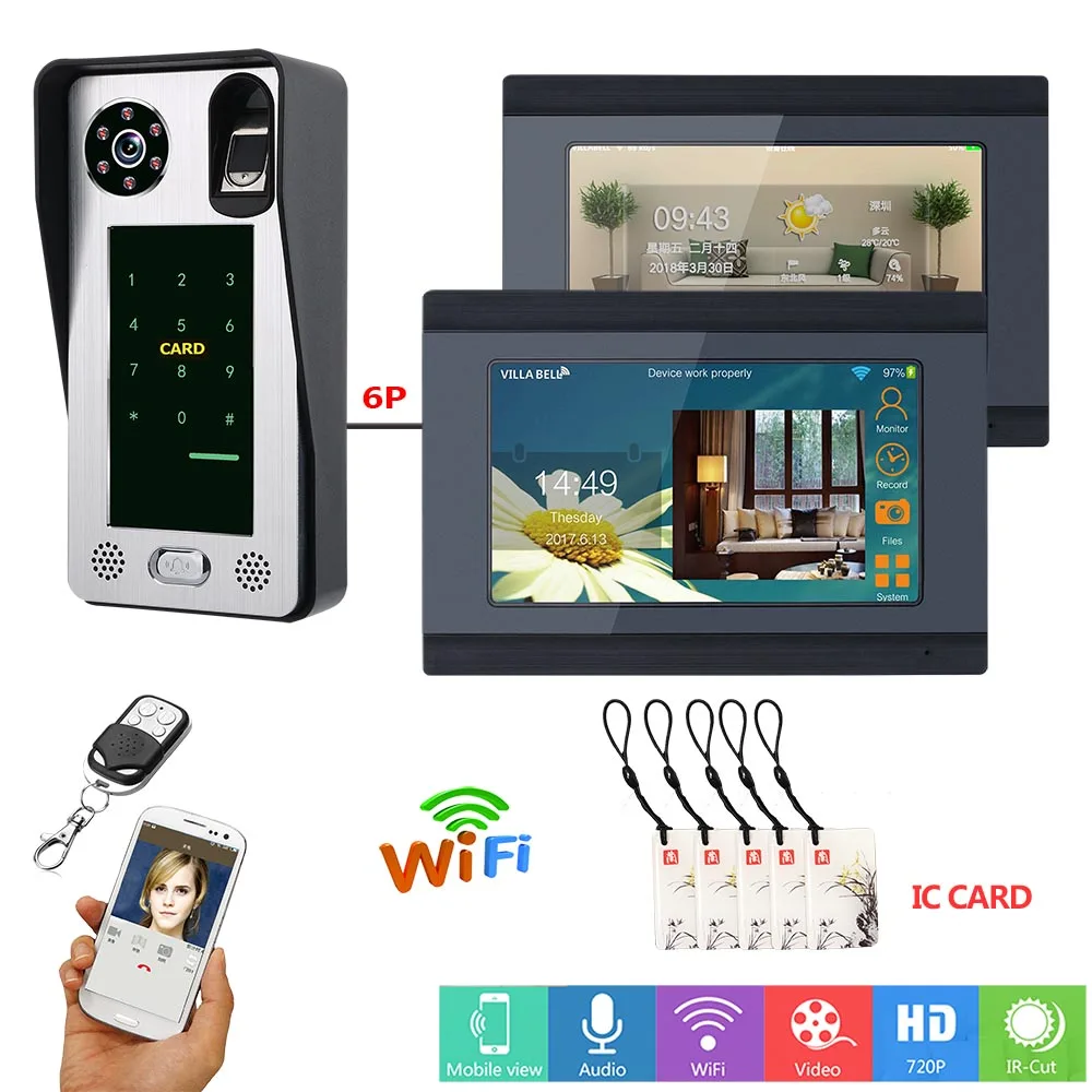 7 дюймов Wi Fi дверные звонки IC Card/Пароль/отпечатков пальцев 1V2 мониторы управление доступом видео телефон двери