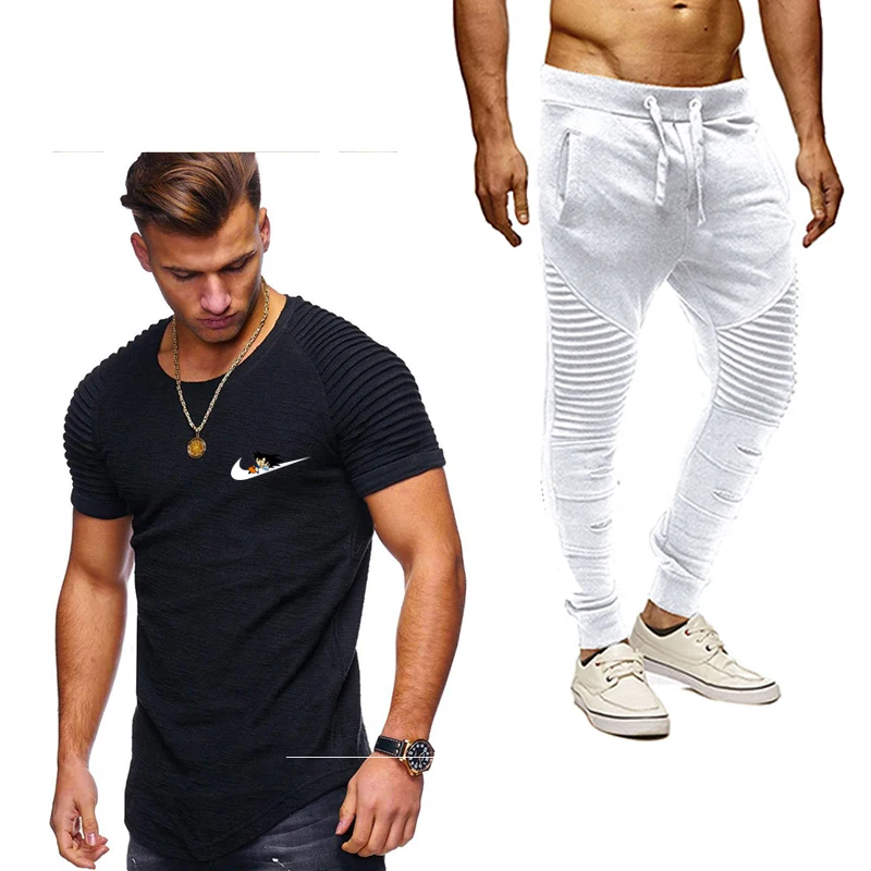 

Free shipping New Sale Men's Sets irregular T Shirts+pants Two Pieces Sets fashion Tshirt Gyms Fitness trousers men Casual suit