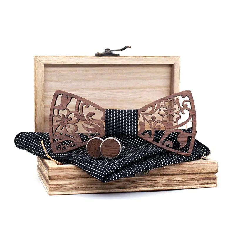  Mens 1 Set Wooden bow Tie Set Men Handkerchief wood Bowtie Cufflinks Necktie Silk Ties For Business