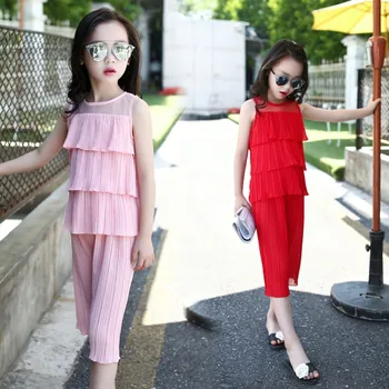 

Children's clothing 2018 fashion mesh top + pleated loose pants girl suit teens two sets 4-14 ages