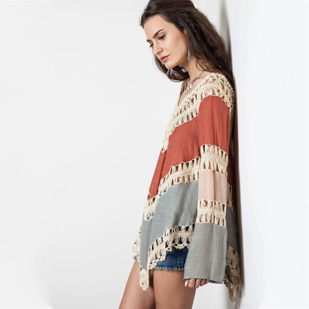 Bellyanna лето 2016 Для женщин Boho пляж blusas oversize Кружево Крючком Вязаная рубашка в стиле