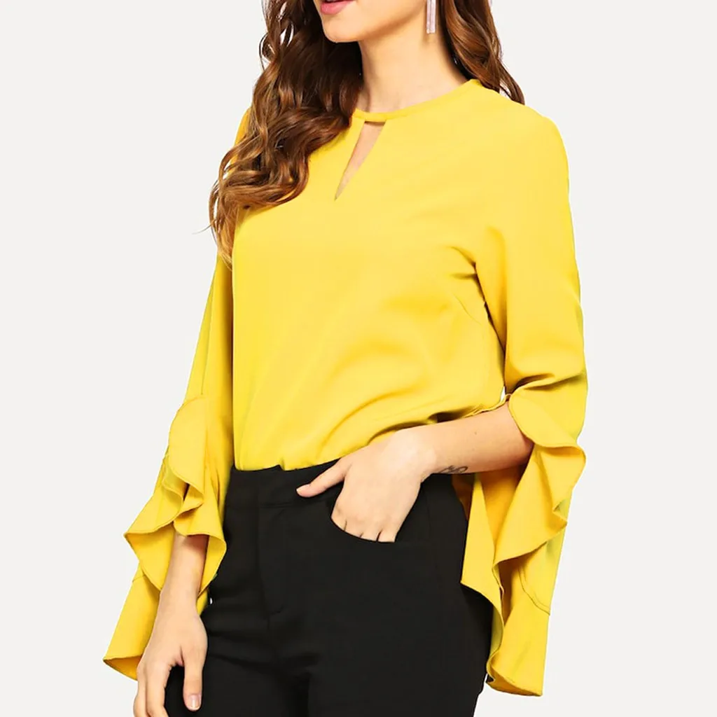 Летние Для женщин рюшами блуза с длинным рукавом блузки, рубашки повседневные однотонные желтые Для женщин Blusa Femininas