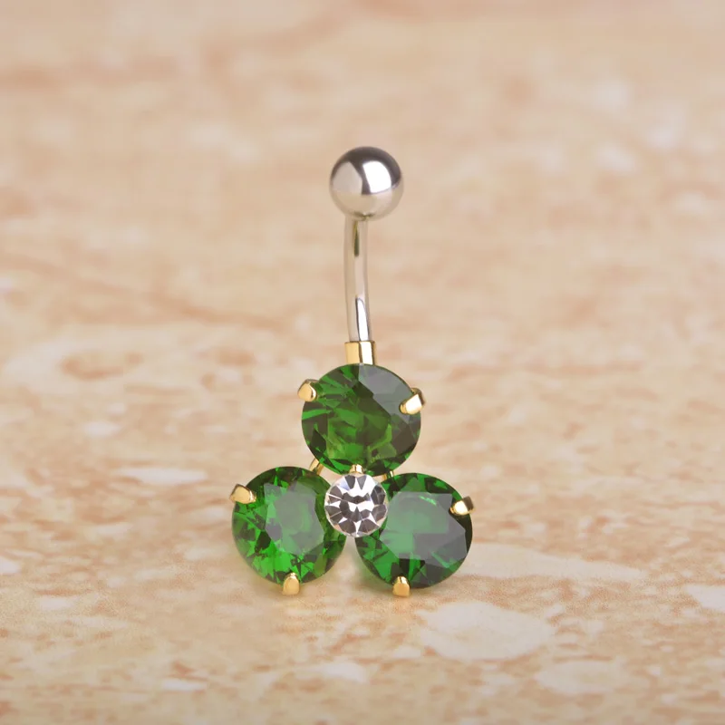 Green CZ Zircon Flower Belly Button Rings For Women 316L Stainless