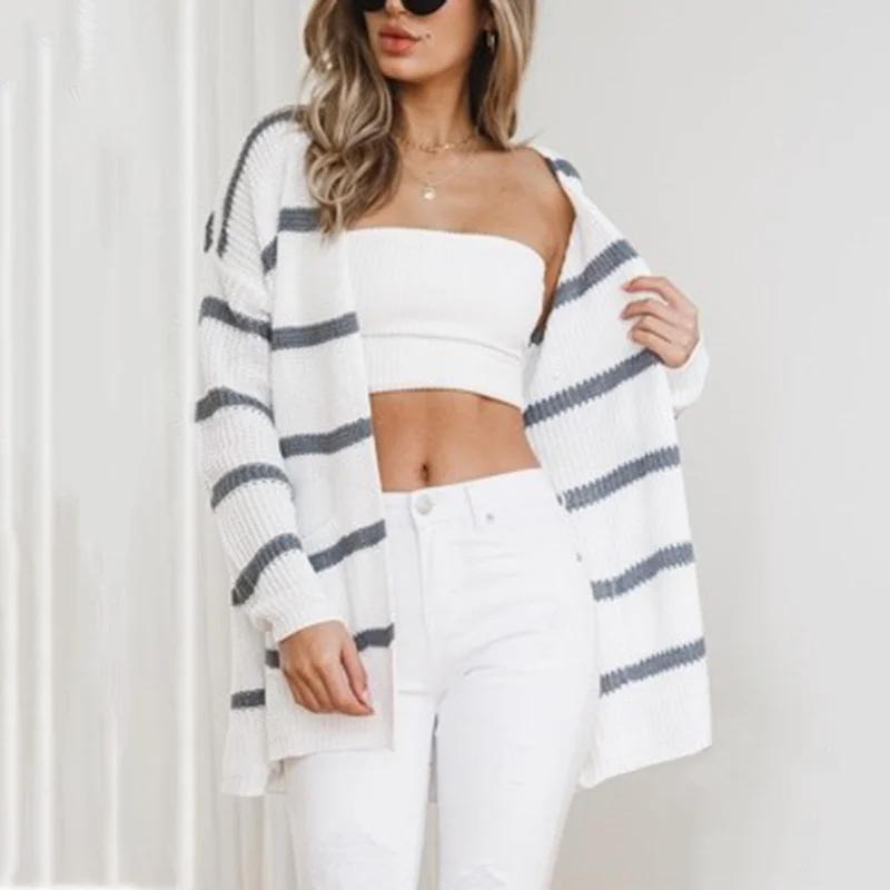 

Fashion Womens Casual Coat New Knitted Sweaters Cardigans Striped Loose Plus Size Woman Long-sleeve Autumn Winte Female Clothing