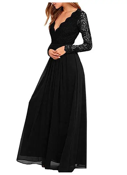 Шифоновое кружевное вечернее платье 2019 Новое Сексуальное вечернее платье с длинным рукавом с v-образным вырезом длиной до пола платье для