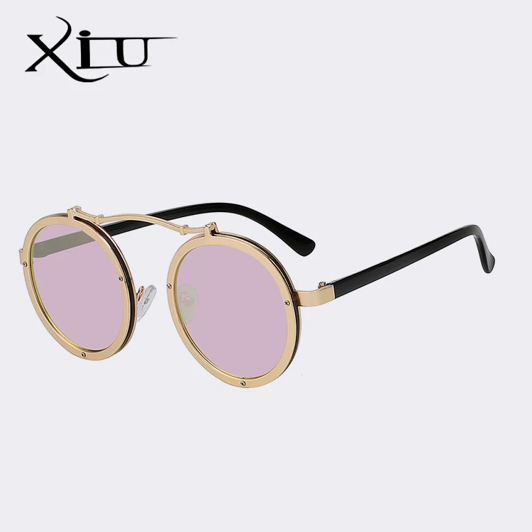 XIU солнцезащитные очки круглые солнцезащитные очки в стиле стимпанк мужские ретро брендовые дизайнерские винтажные панк-очки летние модные очки UV400 - Цвет линз: Gold w pink mirror