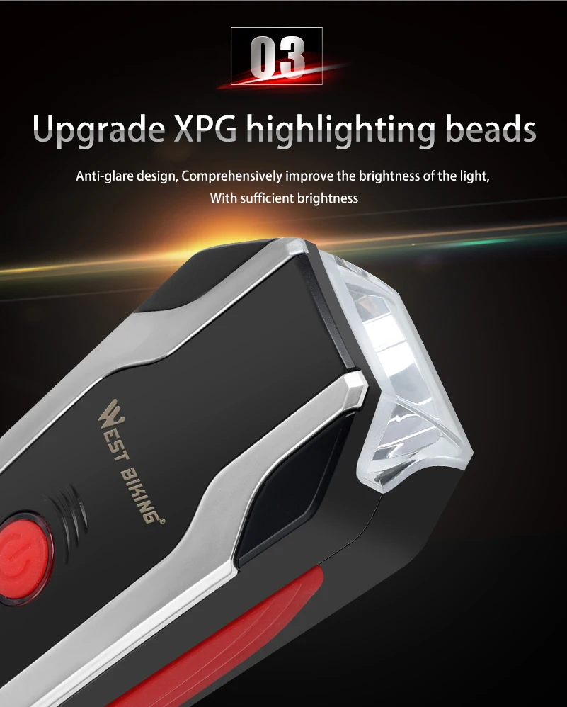 Clearance WEST BIKING Bike Light 350 lumens USB Charging Waterproof Alarm Horn Headlight 120db Cycling Bicycle Handlebar Lamp 1200mAh 6