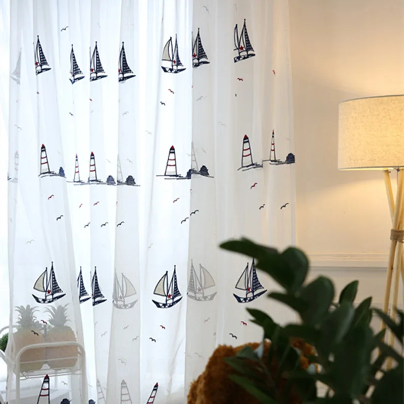 

Embroidered tulle curtains white sheer panel sail boat design kid bedroom children curtains cartoon navy blue modern window