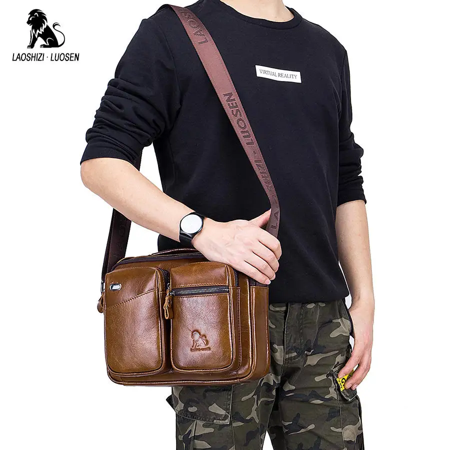 LAOSHIZI LUOSEN حقيبة ساعي حقيبة الكتف للرجال جلد طبيعي الأعمال الذكور Crossbody أكياس للرجال الصليب الجسم حقيبة حقائب جديد