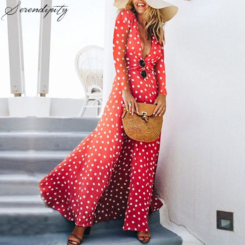 

SRDP Women 2019 Autumn Winter Polka Dot Red Long Dress Female Fashion V Neck High Waist Sashes Maxi Dress Mujer Vestido Large