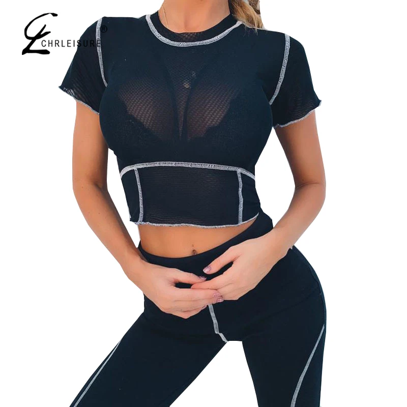 

CHRLEISURE Summer Round Neck Women T-Shirts Mesh Perspective Female Short T-Shirt Sexy Harajuku Black Women T-Shirt