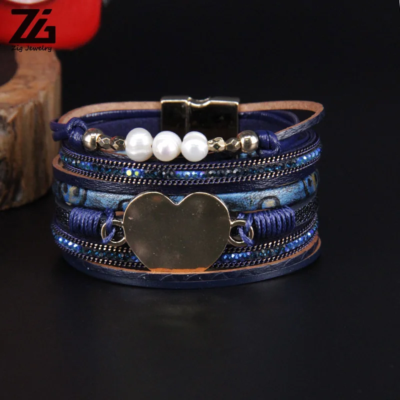 ZG сердце очарование кожаные браслеты для женщин модная подвеска в виде сердца жемчуг Бохо многослойный обертывание ювелирный женский браслет - Окраска металла: Blue
