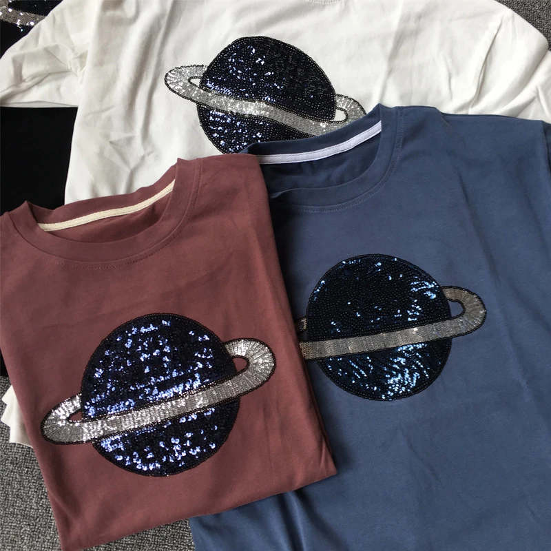 

Summer outer space top Women's T-Shirt Casual Solid Color Sequins Decorative interstellar T-Shirt
