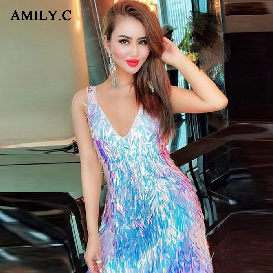 

Amily.c 2018 New Spring Women Dress V Neck Sexy Bodycon Tassel Dress Elegant Celebrity Party Blue Dresses Wholesale Vestidos