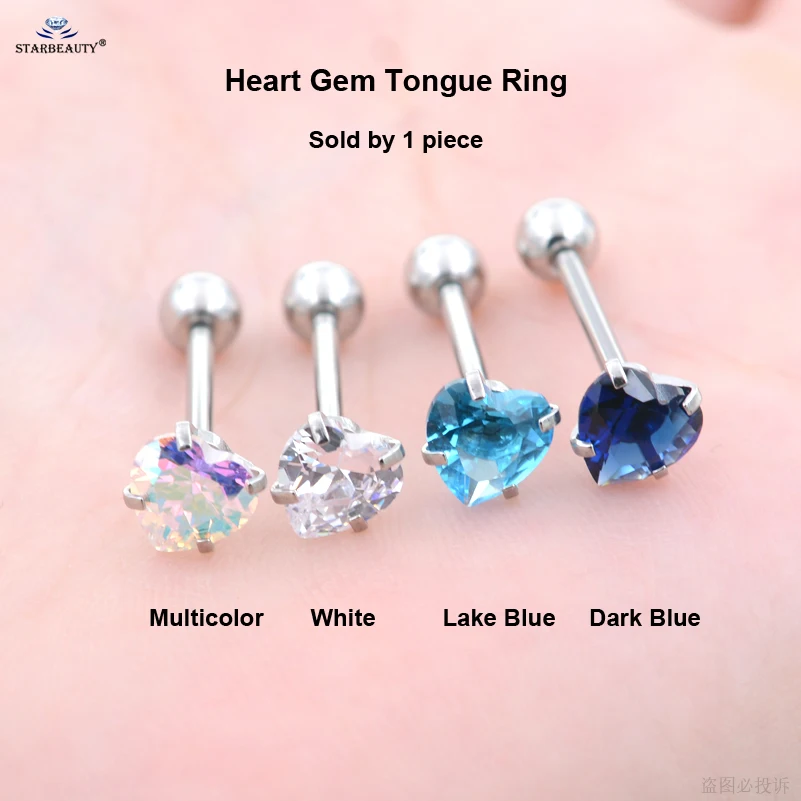 Starbeauty 1Pc 7mm Clear Zircon Heart Tongue Piercing Tongue Rings Barbell Pircing Lengua Tonguepiercing Langue Jewelry 1.6x16mm