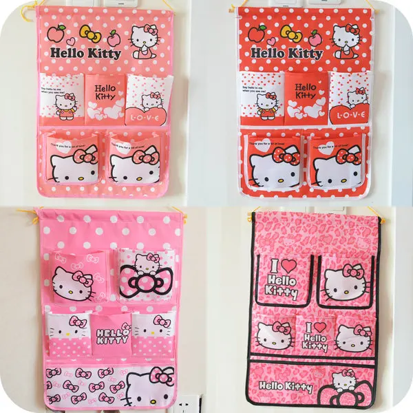 5/6 Pockets Cute Kawaii Hello Kitty Hanging Storage Bags Jewelry Hanger Zakka Holder Bag Pouch Sundries Makeup Organizer Case