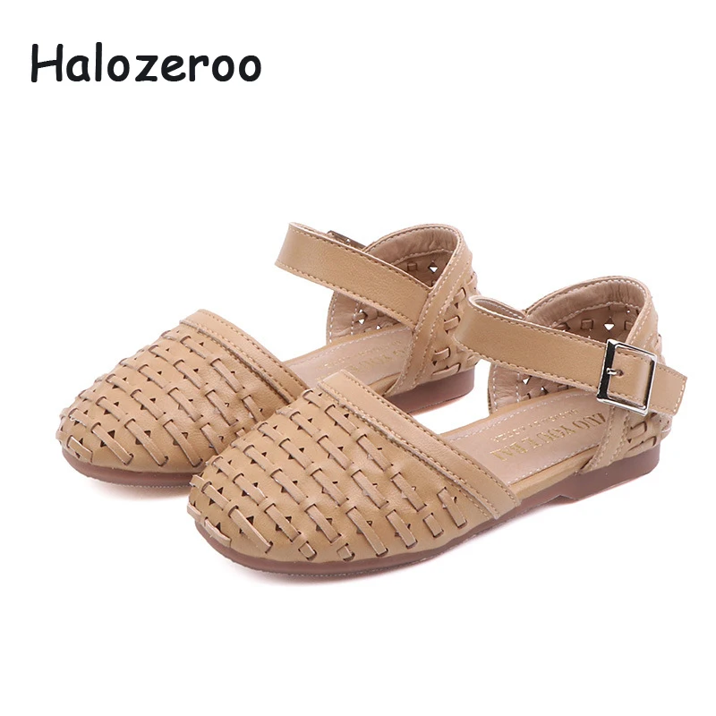 

Summer 2019 New Baby Girls Princess Sandals Children Pu Leather Flats Kids Brand Shoes Weave Beach Sandals Black Closed Toe Shoe