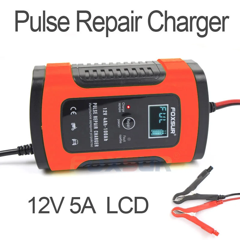 

FOXSUR 12V Automatic Smart Battery Charger Car & Motorcycle Charger, 12AH 36Ah 45AH 60AH 100AH Pulse Repair Charger LCD Display