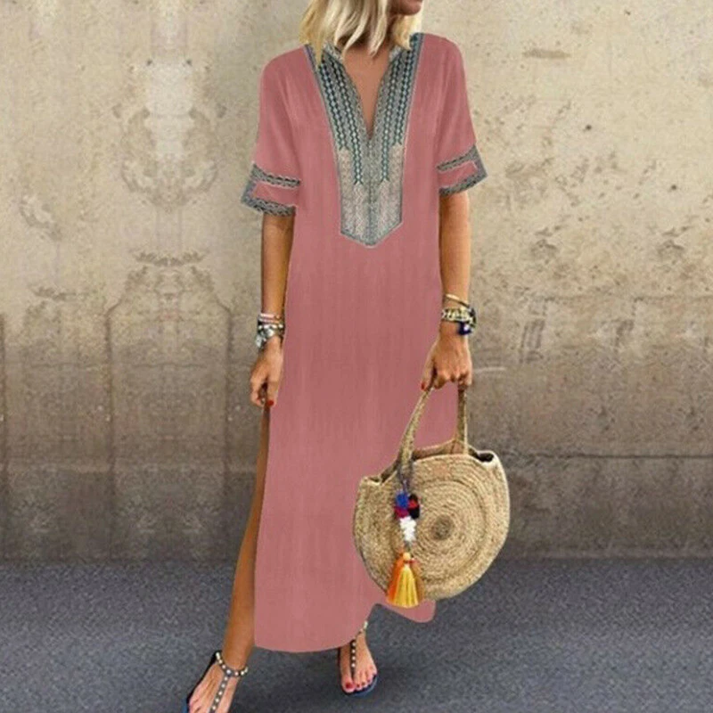 Women's Summer Dress Sundress Women Short Sleeve V neck Boho Hem Baggy Kaftan Dress Woman Long Maxi Dresses Robe Longue Dresses
