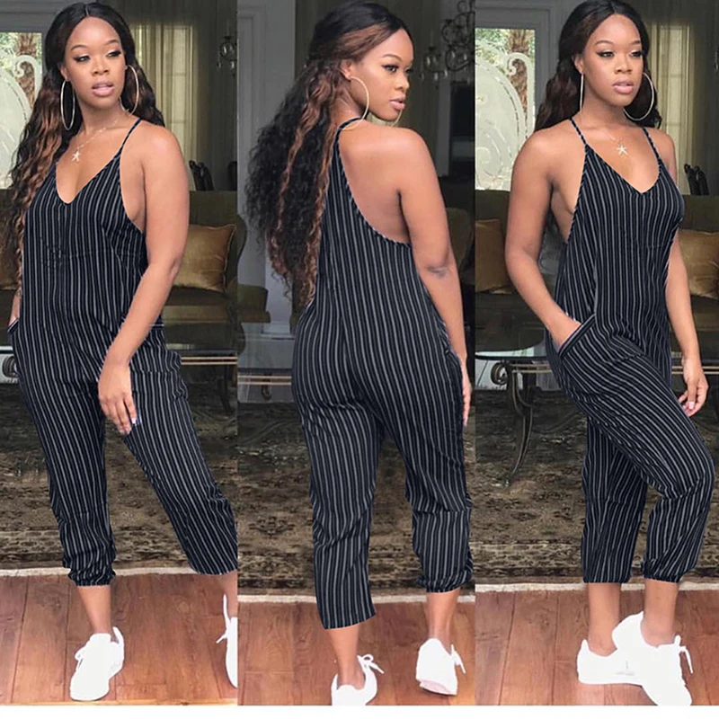 

Fashion design open back striped straps jumpsuit suit female sense party casual one-piece clean and clean overalls jumpsuit