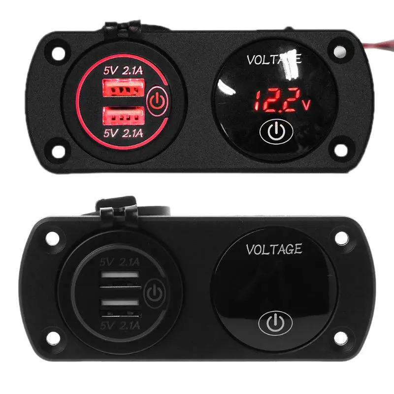 DC 12V-24V LED Digital Voltmeter+ Dual USB Outlet Power Socket Panel 2.1A Charger With Touch Switch for Car Boat Marine Rv