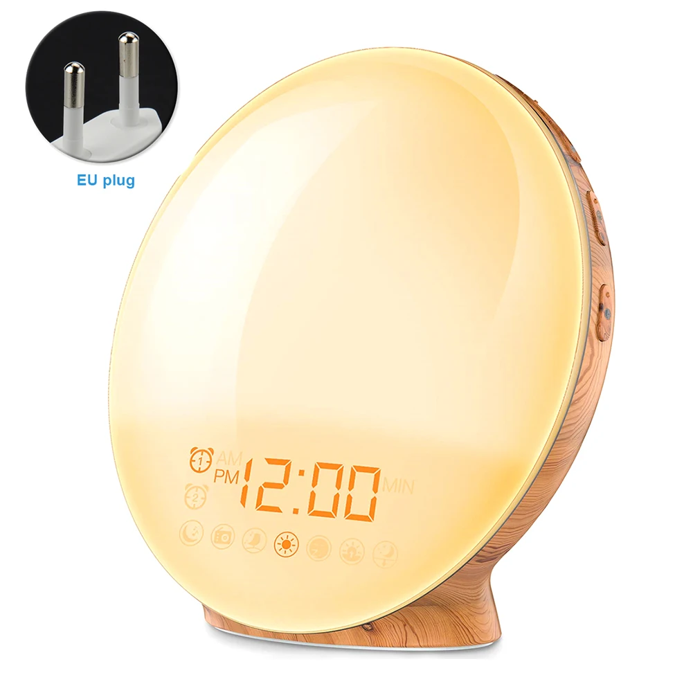 

FM Radios Nature Sound Snooze Bedside Sunrise Alarm Clock Desk Wake Up Digital Round Colorful Light ABS Led Home Decor