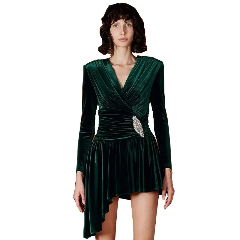 

New Women Mini Dress Vintage Velvet V-neck Long Sleeves Irregular 2019 Spring Female Designer Dresses Ruffles High Waist Vestido