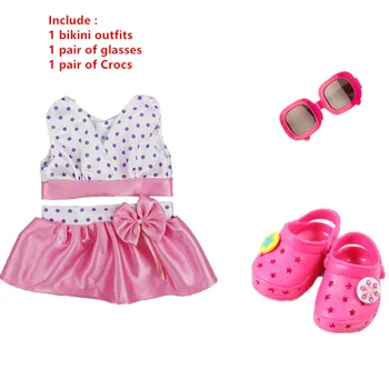 

Clothes For Dolls Fit 18inch Girl Doll 43cm Baby 3IN1 Doll Outfits Pink Bikini Swimwear +Glasses +Sandals