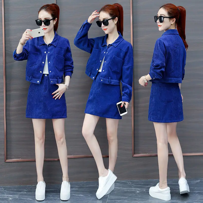 Женское пальто, женская куртка и юбки, Женская Вельветовая одежда, топы и мини-юбки, корейский стиль, одежда с эластичным поясом - Цвет: blue sets