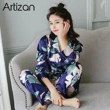 Artizan pjs para pijama de seda de cetim feminino conjunto de pijama de manga longa casual pijamas de dormir confortável loungewear cetim 2 peça