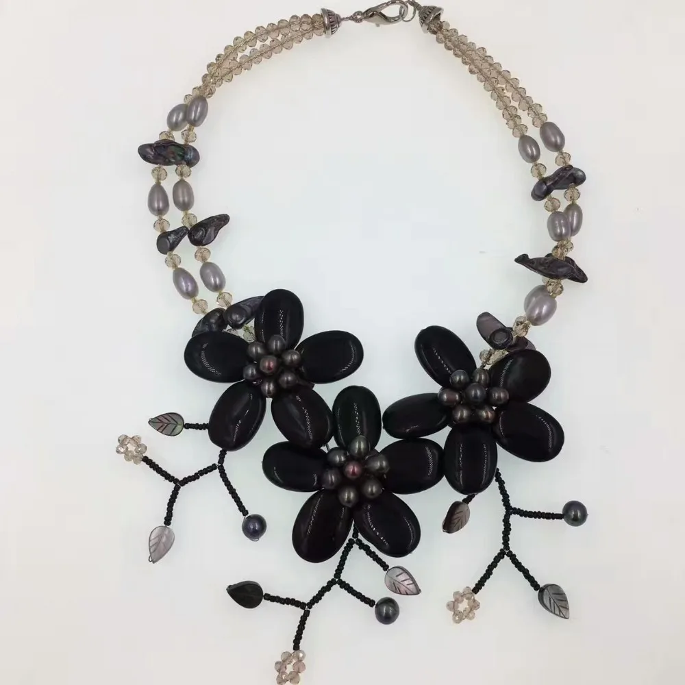 

flower black agat stone and freshwater pearl beads necklace 19inch weholesale beads gift FPPJ