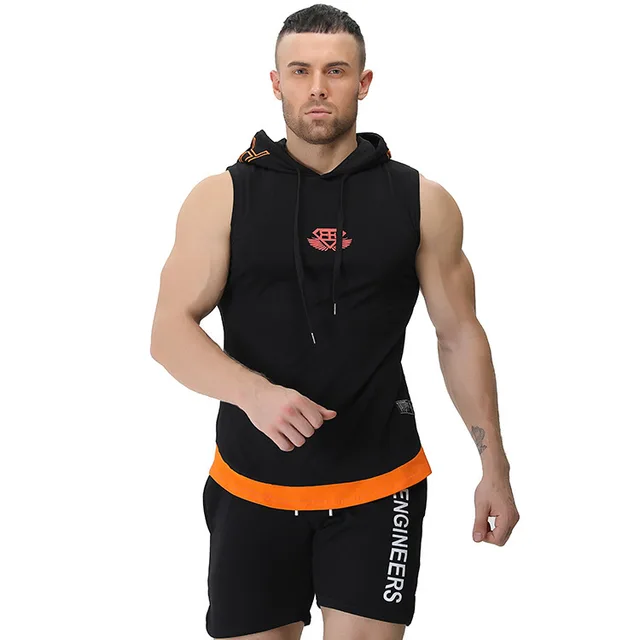 Running Vest Hoodies Men Quick Dry Breathable Sport T-shirts Camping Climbing Fishing Clothing Loose Gym Tank Top with Hat 1