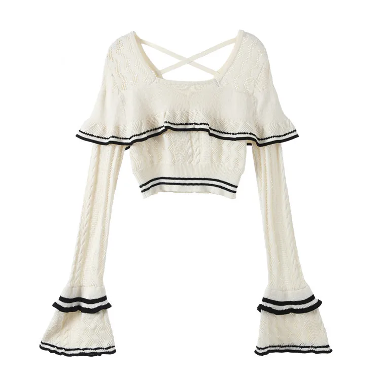 2019 Spring New White Square Collar Horn Sleeve Short Knitted Sweater Pullovers Square Computer Knitted Cashmere Sweater Women