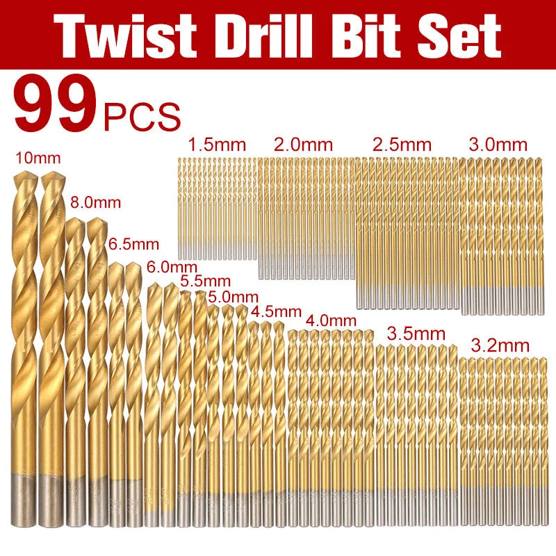 

99pc/set HSS Twist Drill Bit Set Saw Set Titanium Coated Twist Drilling Bits 99in1 1.5-10mm For Cordless Screwdriver