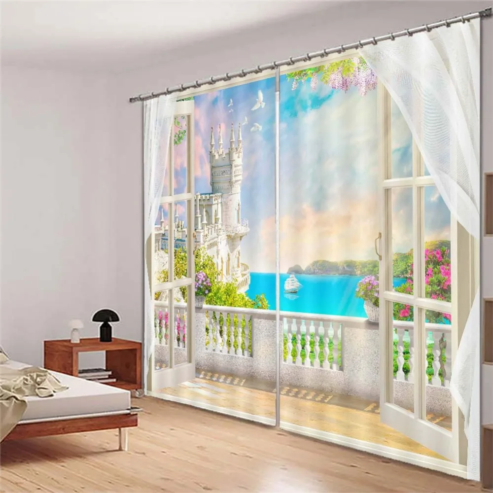 

3D Balcony view 3D Curtains For Bedroom Kids Living Room Drapes Fabric Polyester Set with Hooks Factory direct sale