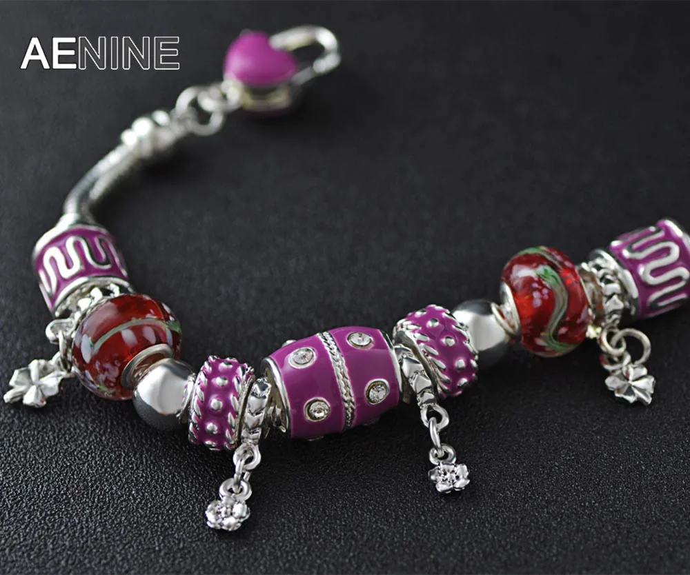 AENINE Богемия Шарм Fit браслет типа Пандора и браслет с цветком хрустальный шар стильный браслет для женщин Свадьба PABR010