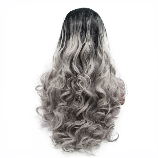 Sylvia Natural Gray Wig Ombre Black Roots Two Tone Body Wave Synthetic
