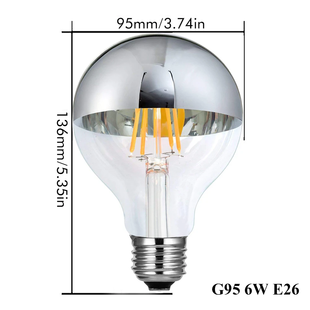 Ganriland светодиодный лампы с регулируемой яркостью E14 E12 светодиодный Корона Серебряный зеркальный светильник лампа 4 Вт 6 Вт 8 Вт, теплый белый свет 2700K G45 G125 светодиодный E26 E27 220V лампы - Испускаемый цвет: G95 6W E26 110V-130V