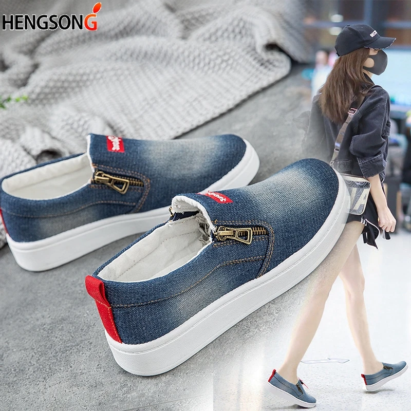 

Canvas Shoes women's Flats 2019 Women Denim Canvas Casual Shoes Spring Autumn Flat Platforms Leisure Side Zippers Shoes Femme