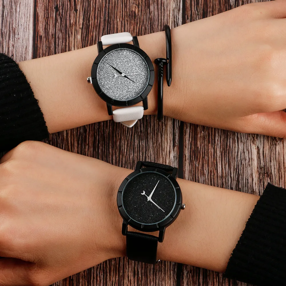 

Black/White Lady Wrist Watch Romantic Starry Dial Sky Moon Star Analog Woman Watches Fashion Leather Band Women's Clock Gift