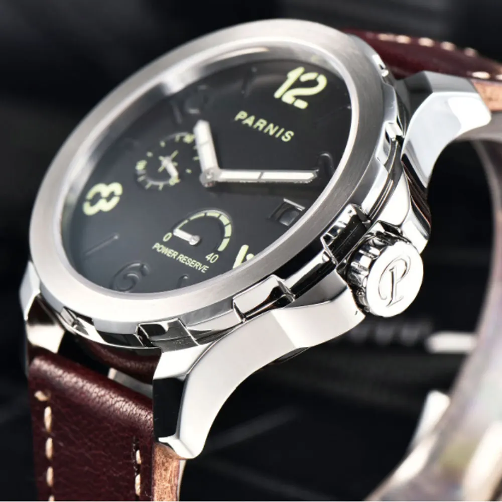 Светящиеся механические часы Мужские Турбийон часы Parnis 44 мм Мощность защищены роскошный календарь кожа водонепроницаемые часы Relojes