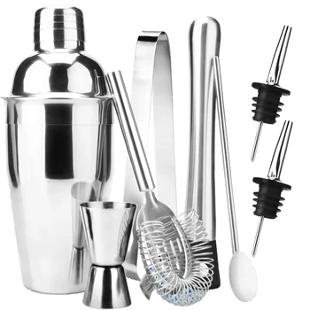 

Stainless Steel Cocktail Shaker With Martini Mixer Double Measuring Jigger Mixing Spoon Liquor Pourers Muddler Bar Set Tools
