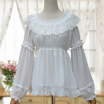 3 colors New Spring Summer Women Chiffon Lolita Blouse Tops Female Lace flounce Victorian Casual Bottoming Shirt tie neck flounce blouse
