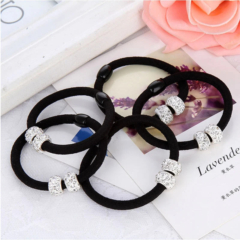 15pcs/lot Black Hair Holders Rhinestone Beads Rubber Hair Band Elastics