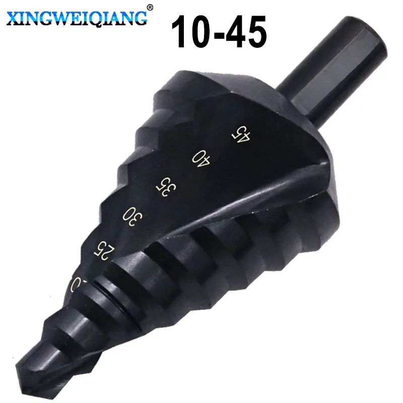 Hss Spiral Grooved Step Cone Drill Bit 10-45mm Nitriding Coated Step Drill Bits 12mm Shank Metal Wood Steel Pvc Hole Drilling 6 35mm hss titanium coated step drill bit drilling power tools metal 13 step high speed steel wood hole cutter step cone drill