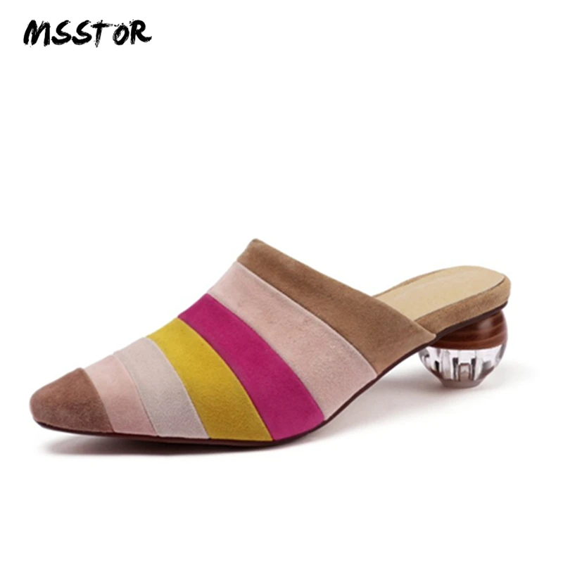 

MSSTOR Kid Suede Mules Shoes Women Mixed Colors Crystal Sexy Strange Style Slippers Women Summer Square Toe High Heels Slippers